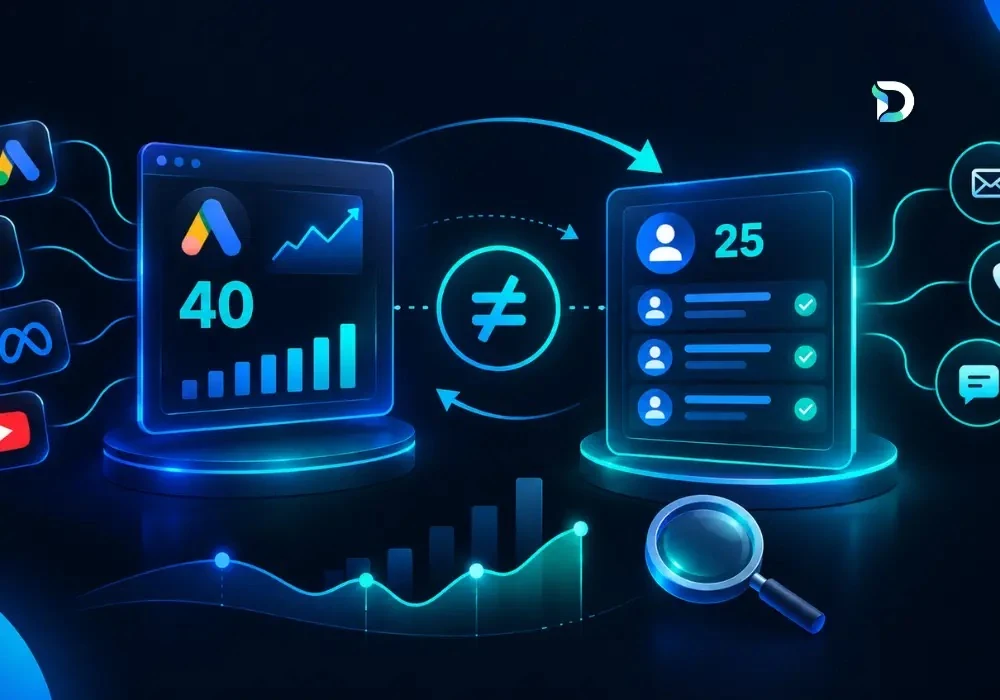Two glowing dashboards side by side — a Google Ads panel reading 40 conversions and a leads panel reading 25 real enquiries, joined by a 'not equal' symbol, showing why ad reporting tools and actual leads don't match