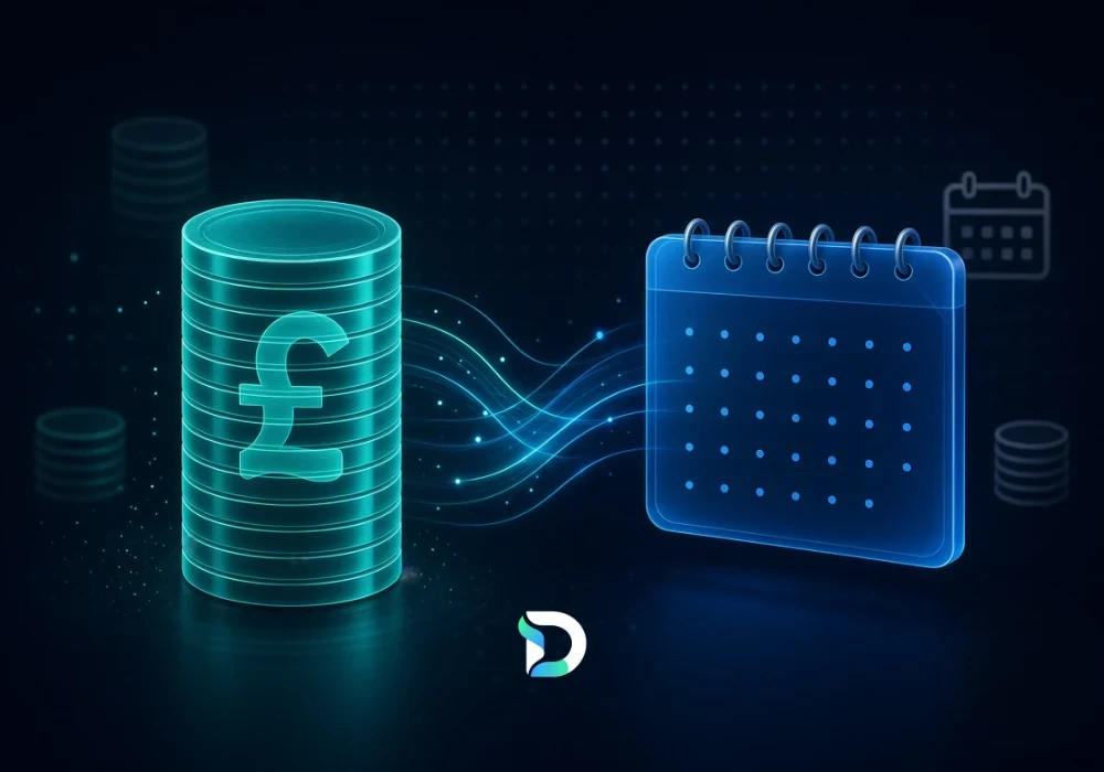 Split graphic contrasting Percentage-of-Spend — rising coin stacks and an upward arrow — with Fixed Fee, shown as a flat line over a calendar, on a dark Dashient-branded background