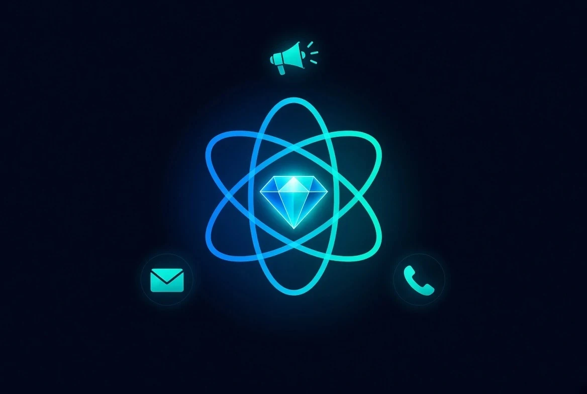 A glowing diamond at the centre of orbiting rings, surrounded by a megaphone, an email icon and a phone icon — representing marketing channels converging on one valuable lead source