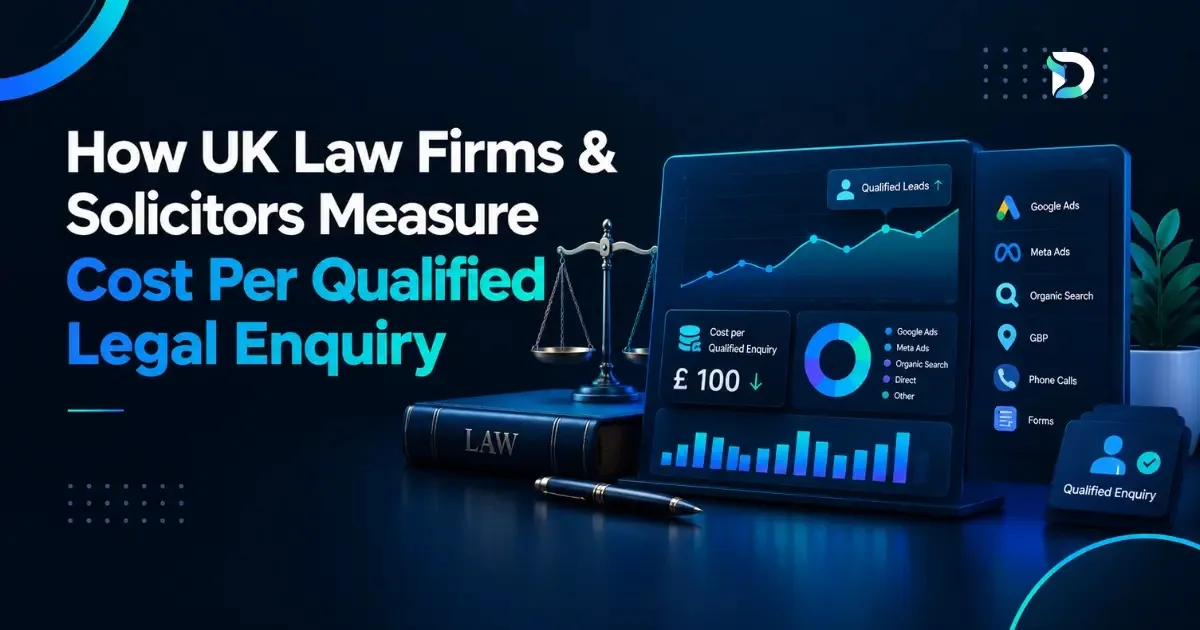 How UK law firms and solicitors measure cost per qualified legal enquiry — a reporting dashboard showing qualified leads by source across Google Ads, Meta Ads, organic search, Google Business Profile, phone calls and forms