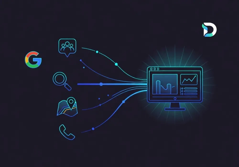 Diagram of five marketing sources — Google, reviews, organic search, a local map listing and a phone call — flowing along connected lines into a single Dashient reporting dashboard