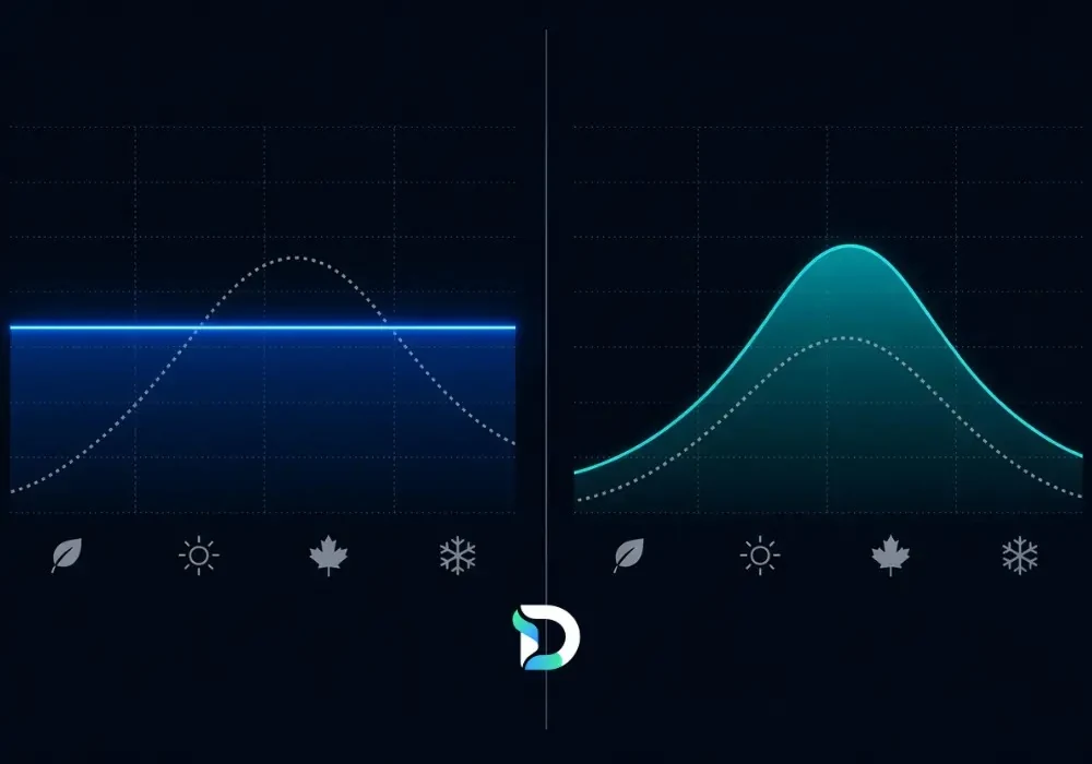 Two charts side by side — a flat fixed ad budget shown as a straight line that ignores the seasonal demand curve, versus a seasonal budget that rises and falls to match demand across spring, summer, autumn and winter