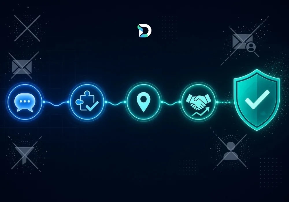 A left-to-right journey of glowing icons — chat, a qualification tick, a location pin, a handshake and a green shield — with faded, crossed-out spam icons (fake emails, bots) around the edges, representing genuine leads separated from junk