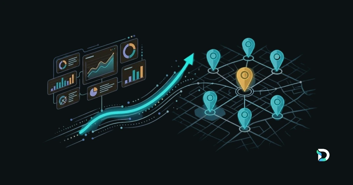 Analytics dashboard panels and a rising performance arrow beside a dark city map dotted with location pins, one highlighted gold — Dashient blog post on why a verified Google Business Profile isn't showing in the local map pack