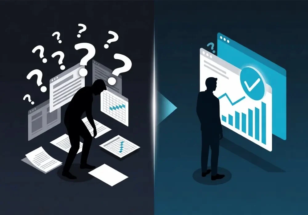 Split illustration: on the left, a person hunched under a cloud of question marks surrounded by disconnected reports and spreadsheets; on the right, the same person standing confidently in front of a single clean dashboard with a green checkmark