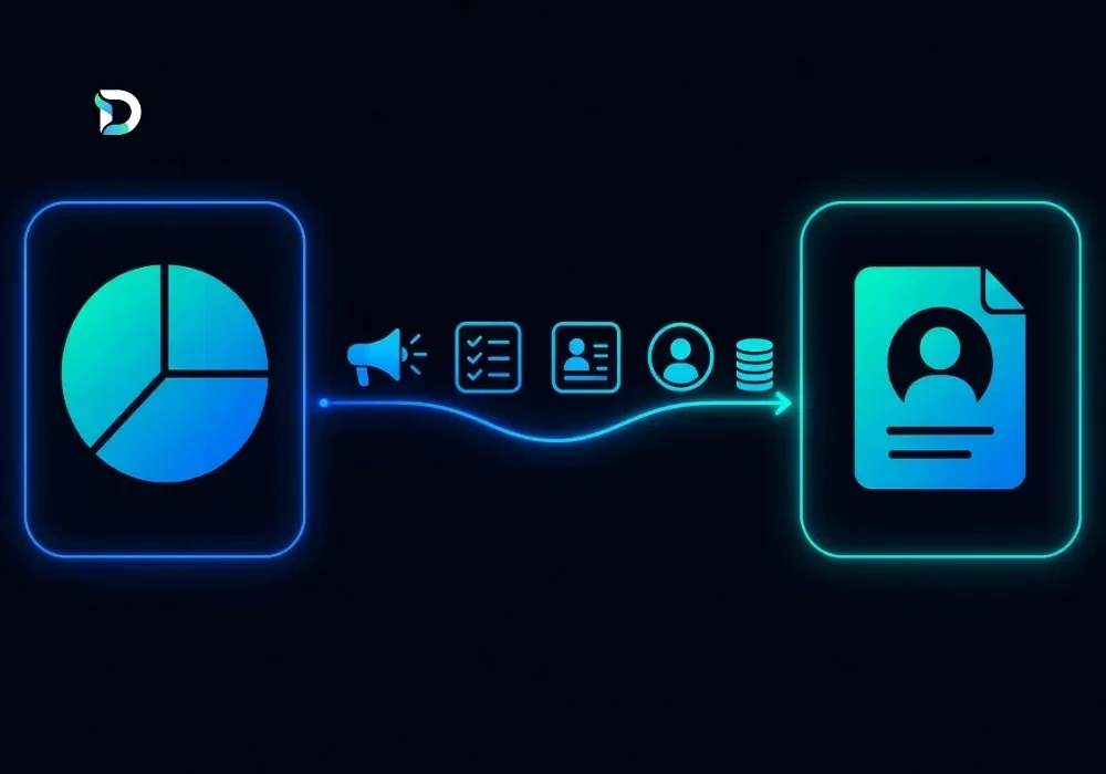A lead's journey from marketing channel to revenue — attribution analytics on the left flowing through marketing touchpoints into a single customer record on the right