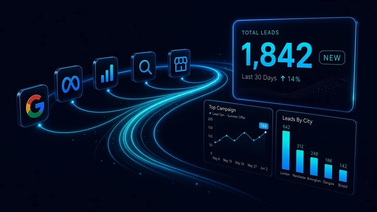Lead attribution for UK SMEs — a dashboard showing Google Ads, Meta, GA4, Search Console and Google Business Profile leads unified in one view, with total leads and a leads-by-city breakdown for London, Manchester, Birmingham, Glasgow and Bristol