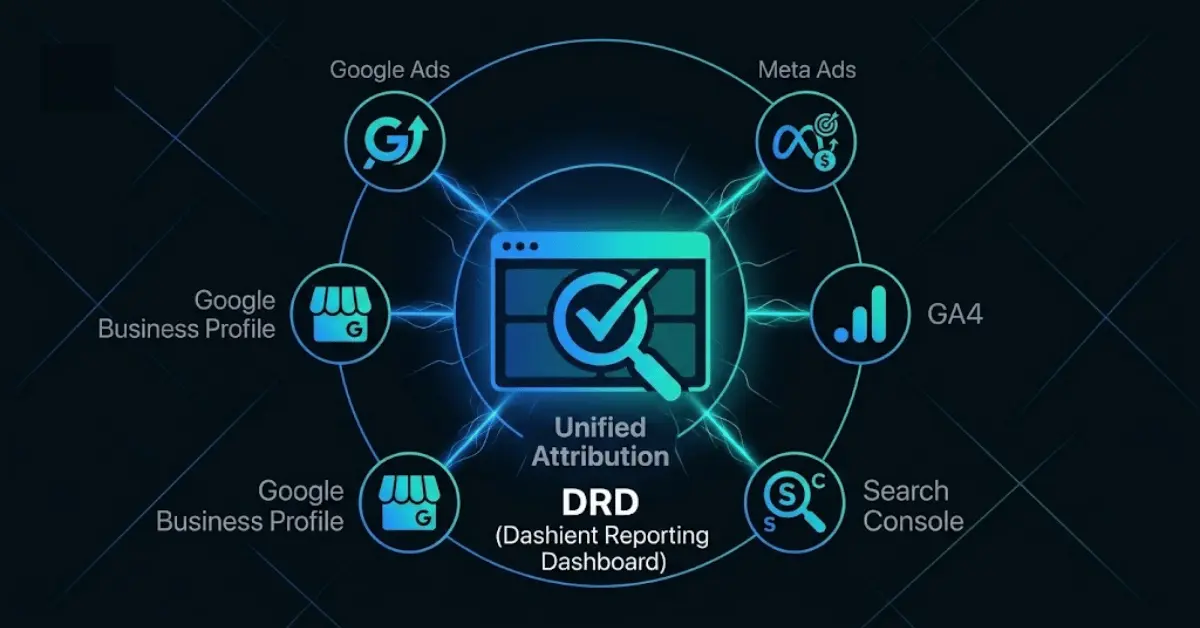 Unified attribution diagram with the Dashient Reporting Dashboard at the centre, connected by lightning lines to Google Ads, Meta Ads, GA4, Search Console and Google Business Profile