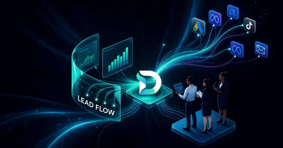 Dashient "Lead Flow" concept graphic — leads from Google Ads, Meta, TikTok, email and other channels flowing into a central Dashient hub and out to a live reporting dashboard, watched by an agency team