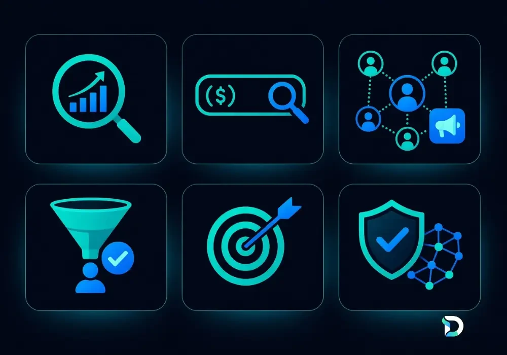 Six glowing icons representing an agency reporting dashboard — analytics, paid search, audience network, qualified-lead funnel, campaign targeting and data security