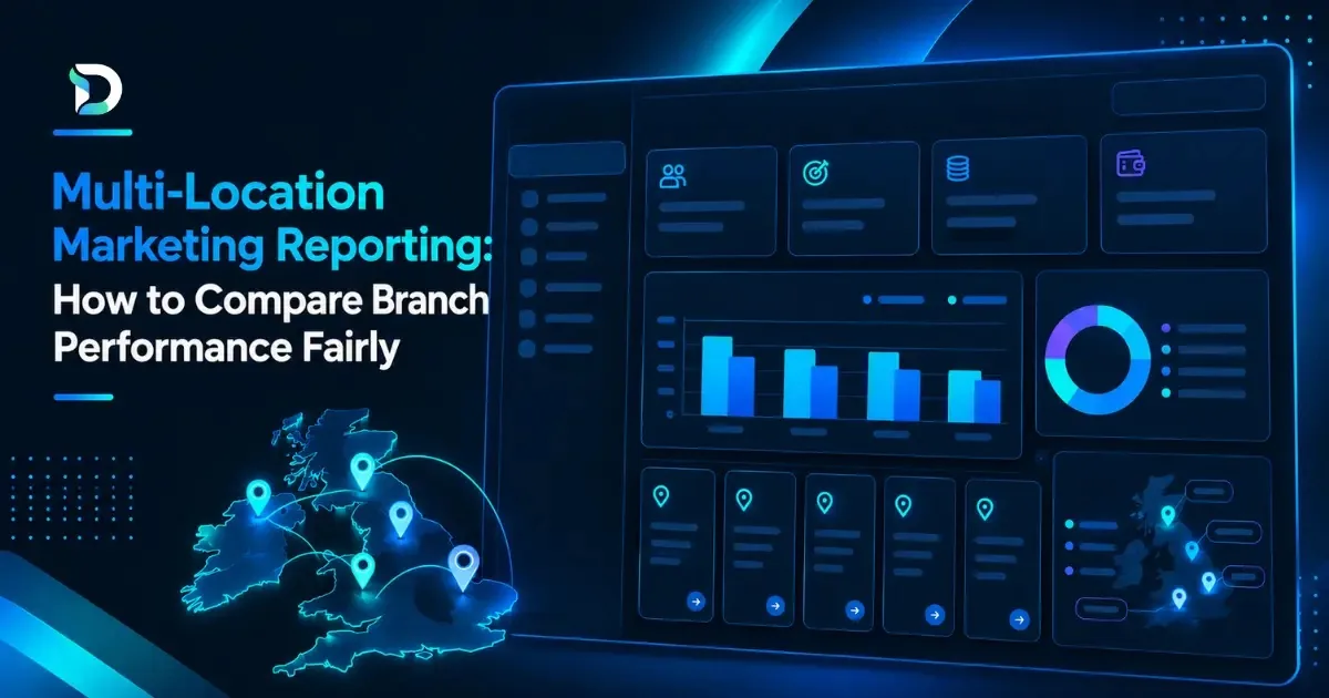 Multi-location marketing reporting dashboard comparing branch leads, cost per qualified lead and marketing spend