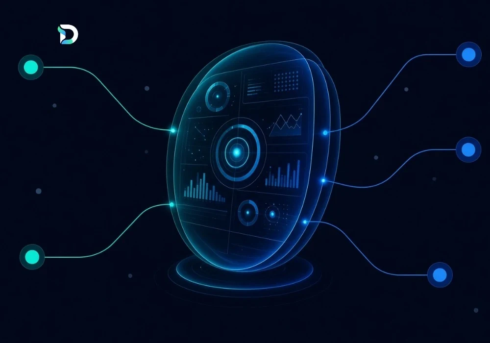 A glowing central dashboard sphere with five illuminated channel lines feeding into it, representing SEO, Google Ads, Meta Ads, Google Business Profile and referral leads combined into a single view