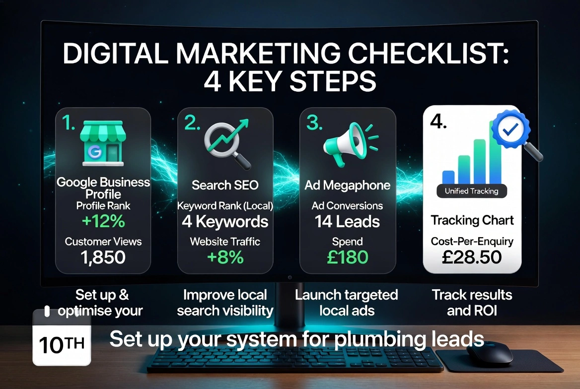 Digital marketing checklist for plumbers showing four key steps — Google Business Profile, local SEO, local ads and tracking — with example metrics for each