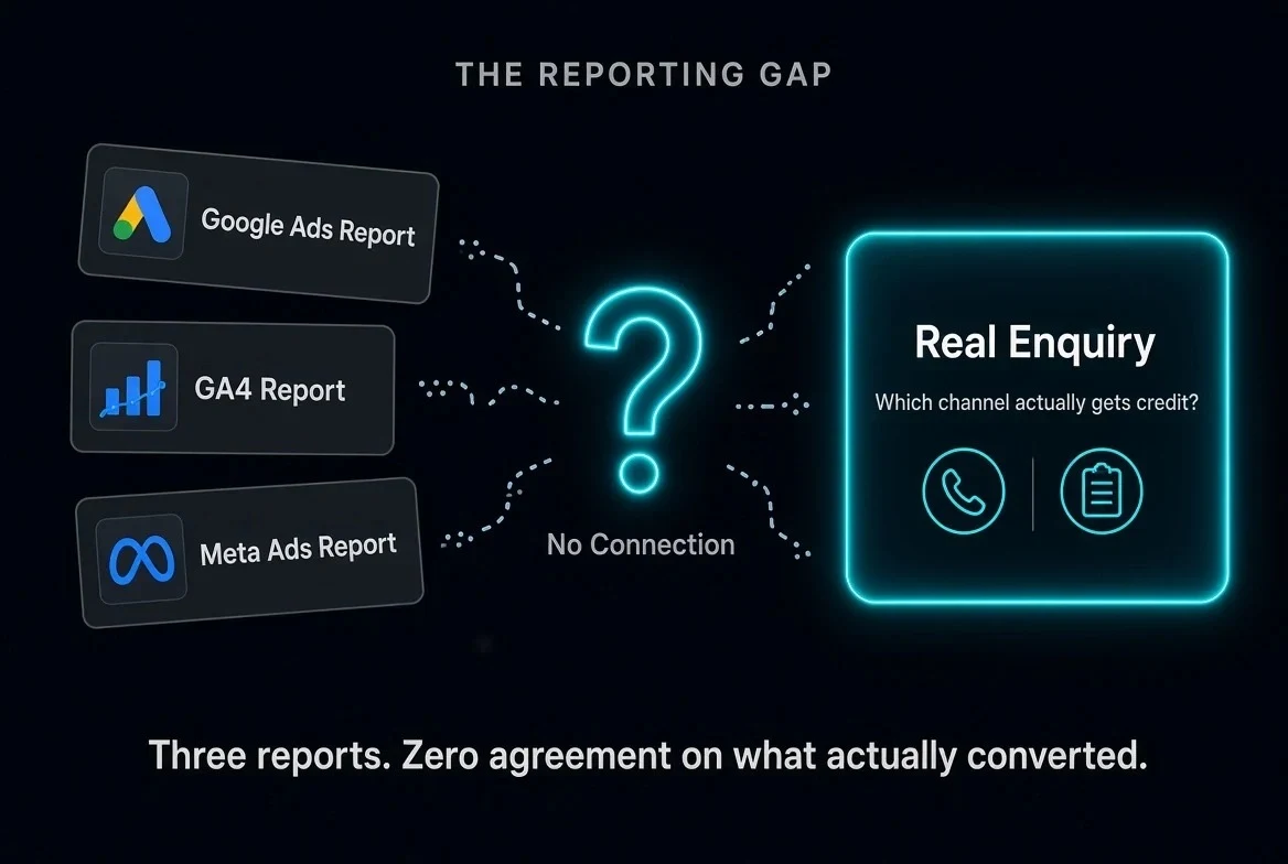 The Reporting Gap - separate Google Ads, GA4 and Meta Ads reports with no connection to a real enquiry, captioned "Three reports. Zero agreement on what actually converted."