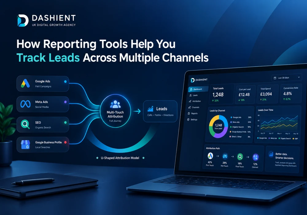Reporting tools diagram — Google Ads, Meta Ads, SEO and Google Business Profile feeding through a multi-touch attribution model into a single leads dashboard for a UK service business