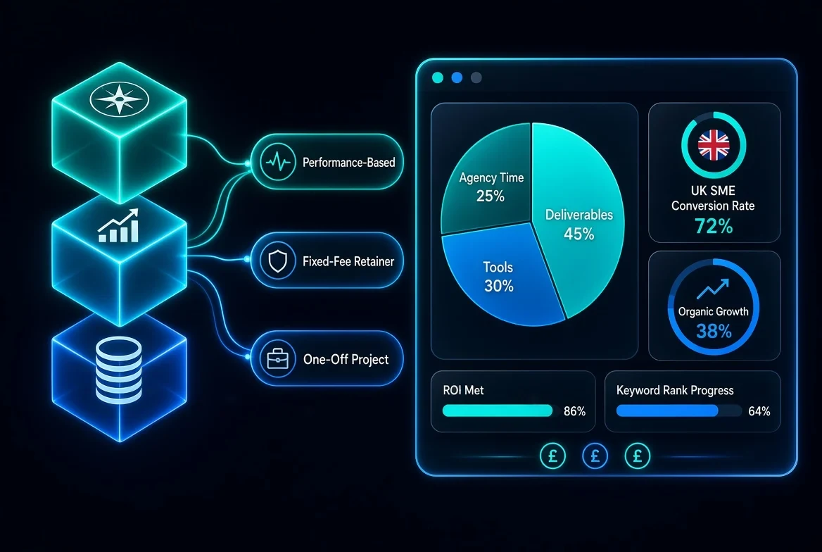Dashient graphic showing three SEO pricing models — Performance-Based, Fixed-Fee Retainer and One-Off Project — beside a dashboard with a cost breakdown pie chart, UK SME conversion rate, organic growth and ROI progress