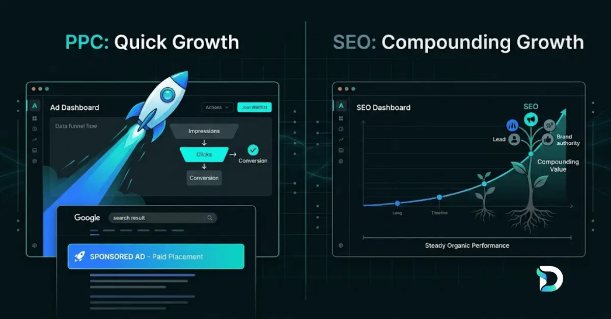 Side-by-side illustration contrasting PPC as quick growth — a rocket launching from an ad dashboard — with SEO as compounding growth shown as a plant maturing over time