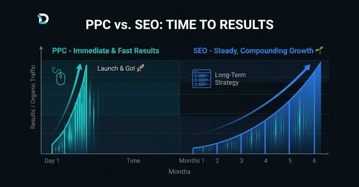 Split line chart comparing PPC and SEO time to results — PPC rising immediately from day one, SEO compounding steadily over six months — on a dark Dashient-branded background