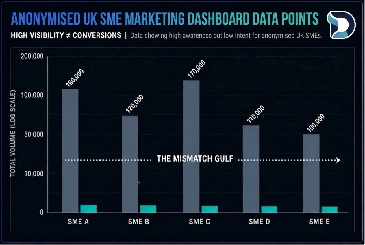 Bar chart titled "Anonymised UK SME marketing dashboard data points — high visibility ≠ conversions," showing five SMEs with very high impression volumes but tiny conversion bars, labelled "the mismatch gulf"