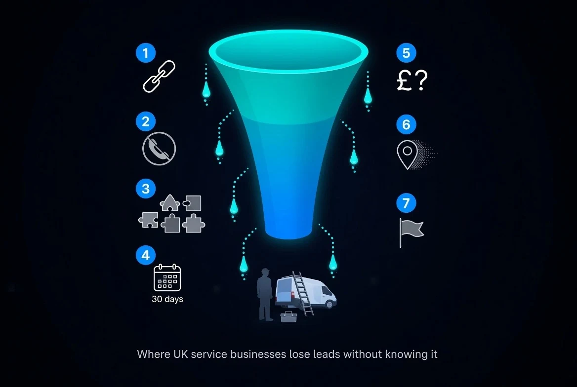A broken, cracked marketing funnel leaking glowing leads on the left, beside a repaired funnel feeding cleanly into a live Dashient dashboard on a control desk on the right