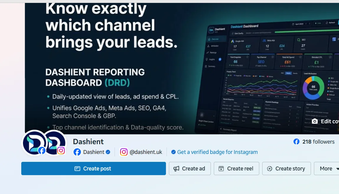 Dashient Facebook page profile showing the cover creative about which channel brings leads and 218 followers at capture
