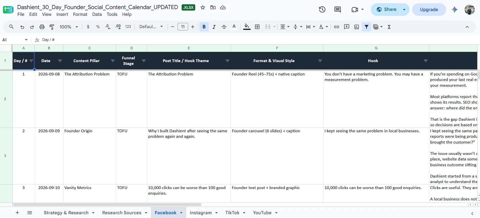 Founder content calendar table with columns for dates, content pillars, funnel stages, hooks and formats